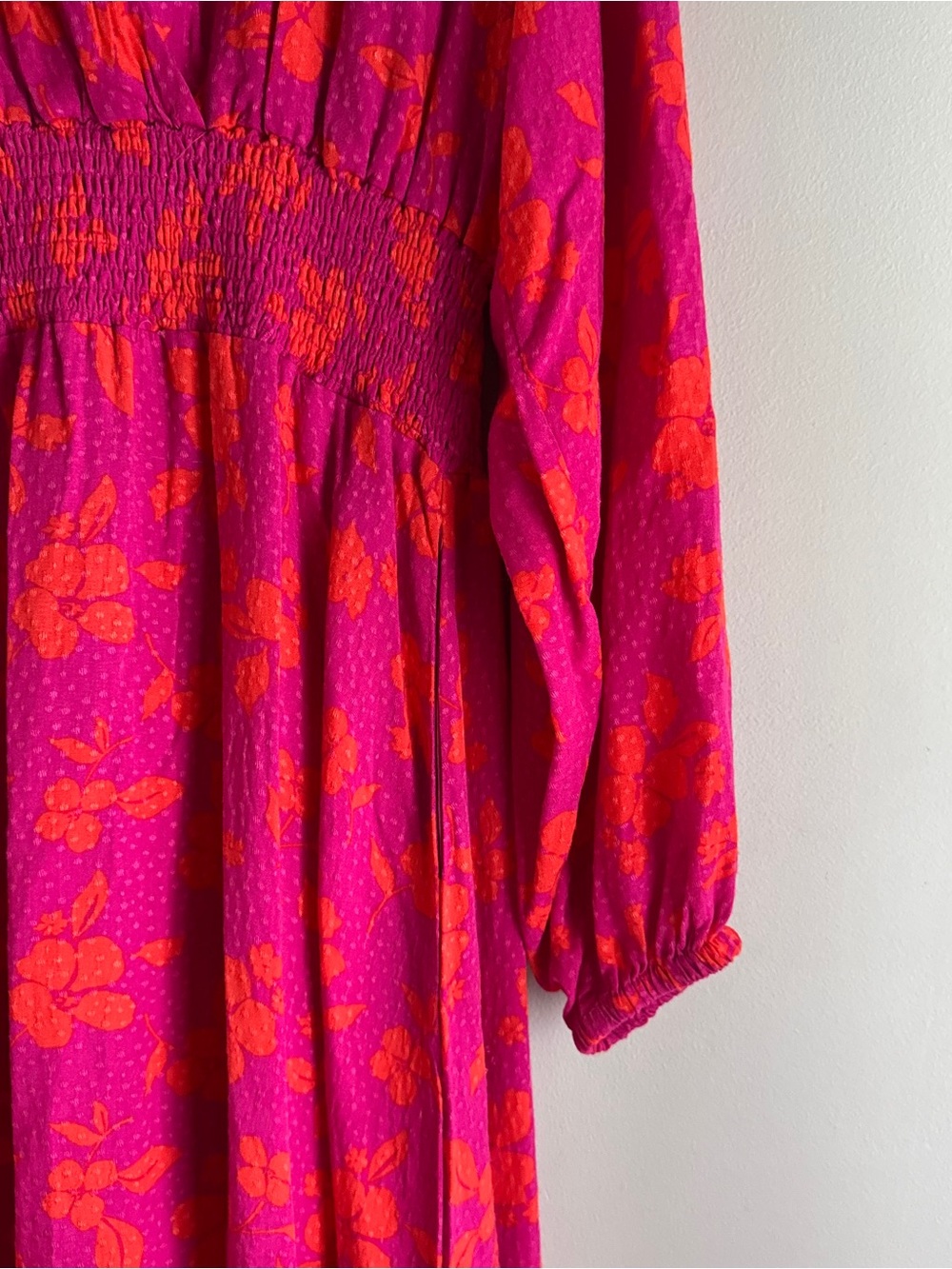Draper James RSVP Long Sleeve Pink and Orange Floral Cinched Waist Midi Dress - Picture 5 of 8